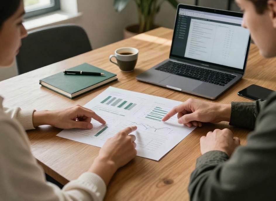 Business advisors reviewing printed performance charts and an analytics dashboard together