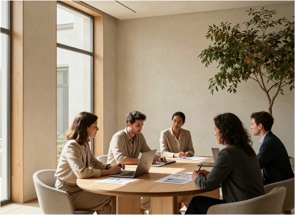 Consultants sharing perspectives in a bright, contemporary strategy meeting